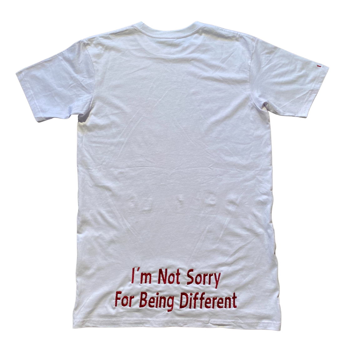 Unapologetic Youth red tones T-shirt featuring vibrant red and pink color blocks, casual fit, and graphic design on front.