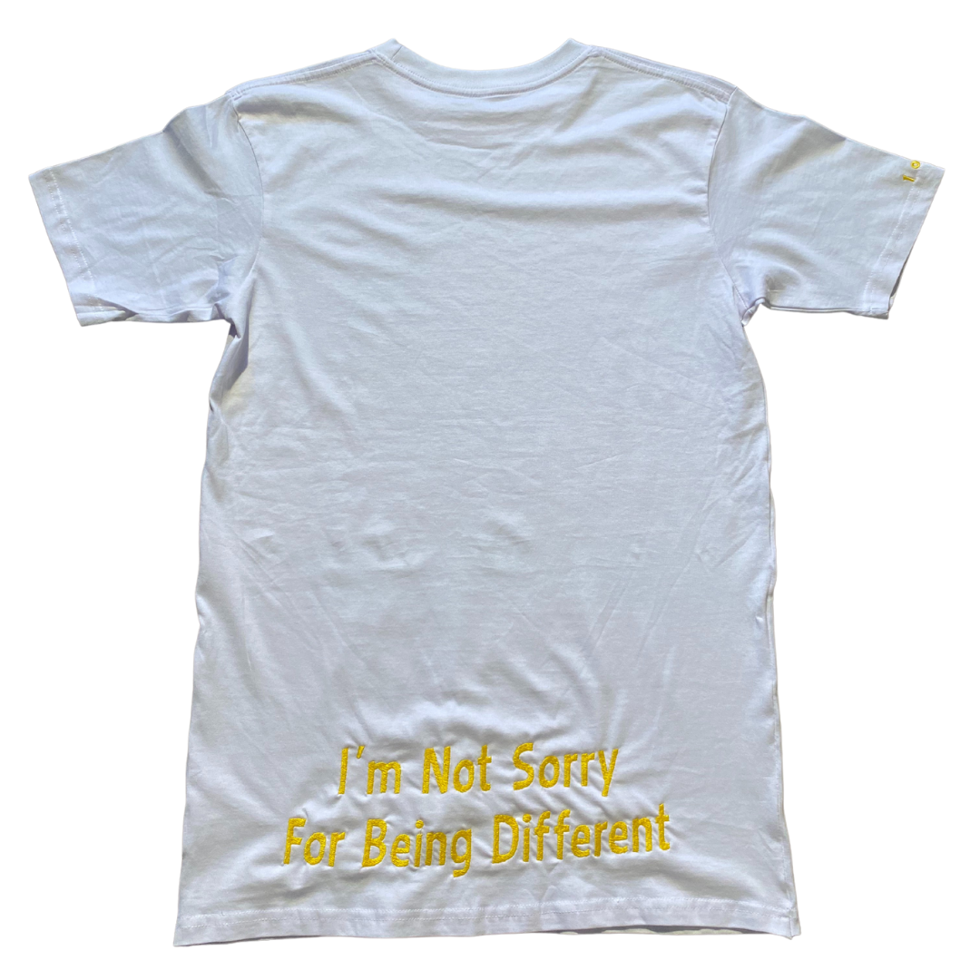 Unapologetic Youth green and yellow T-shirt with bold color block design, front view, casual style, in a well-lit setting.