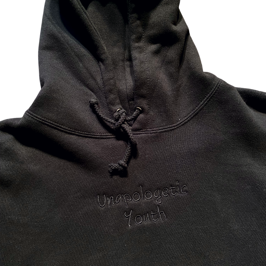 Unapologetic Youth Set Me Free XL hoodie in black with bold white lettering, front view, casual streetwear style