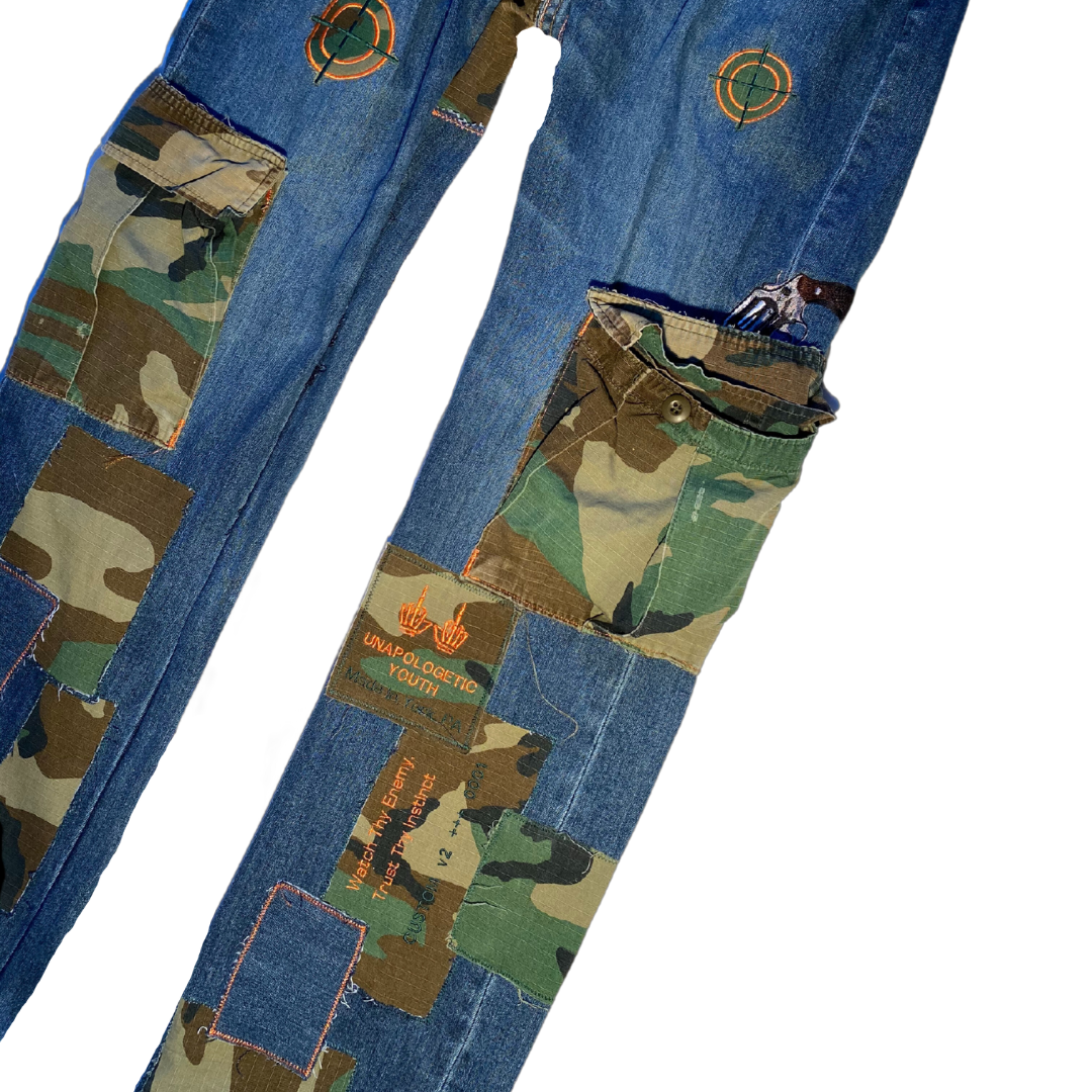 Unapologetic Youth jeans in classic blue denim with a slim fit and five-pocket design, displayed on a neutral background.