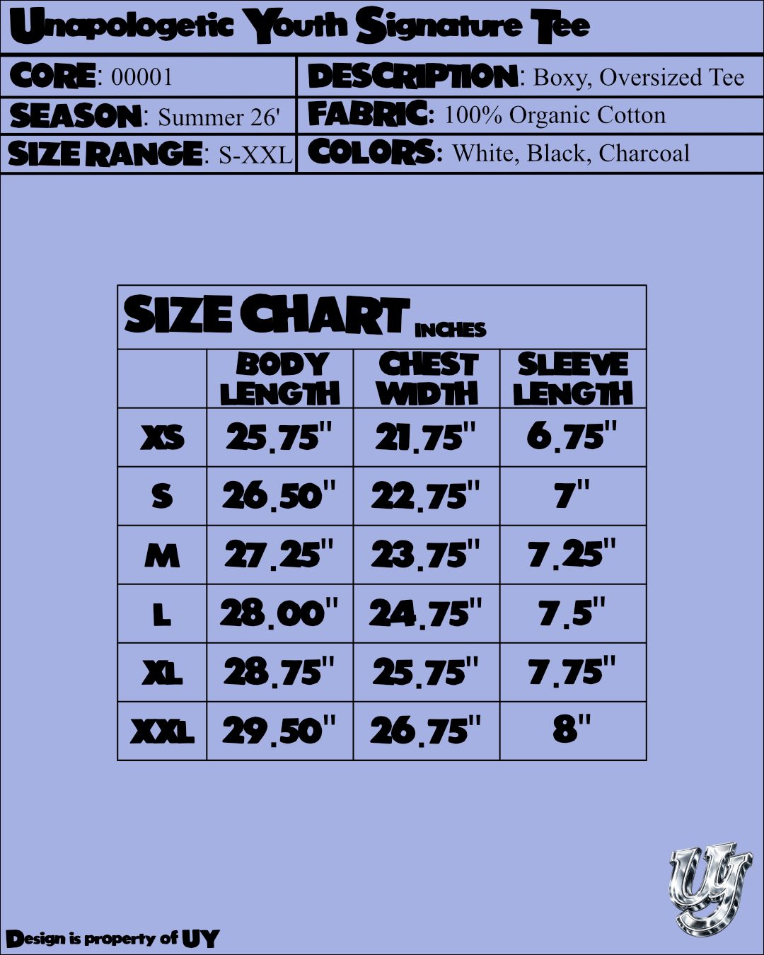 Unapologetic Youth Signature Tee T-shirt size chart image showing measurements and sizing details.