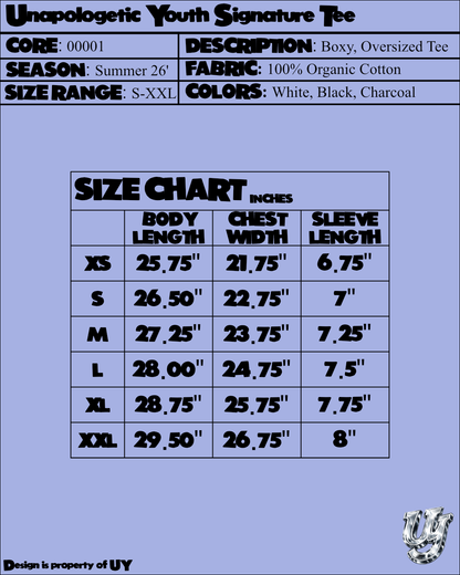 Unapologetic Youth Signature Tee T-shirt size chart image showing measurements and sizing details.
