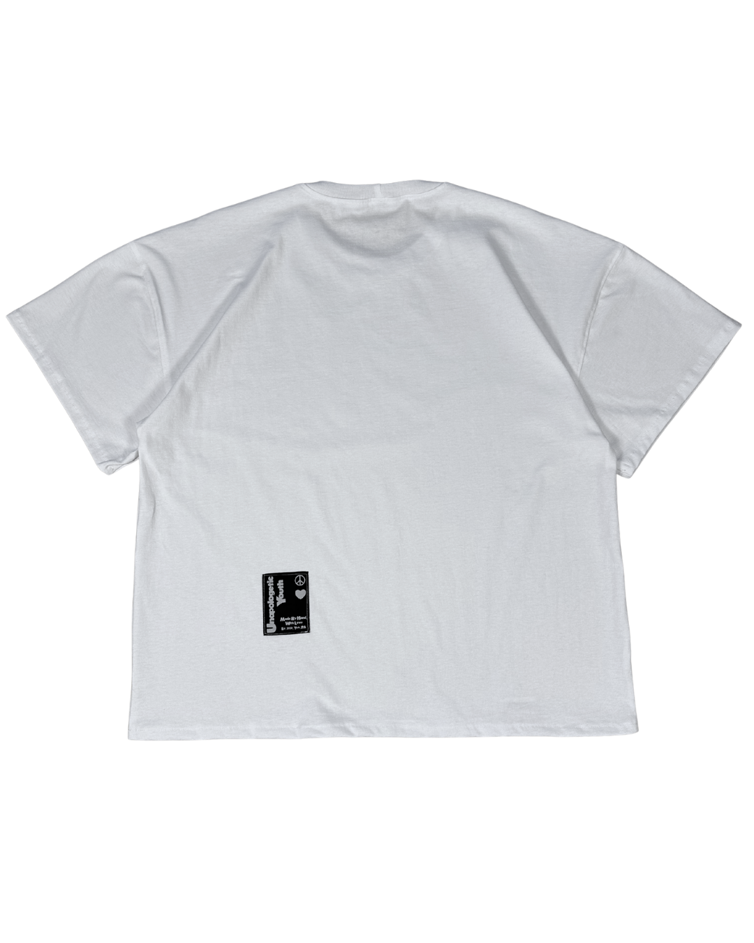 Unapologetic Youth Signature Tee, a casual white T-shirt with logo design, displayed flat on a plain background.