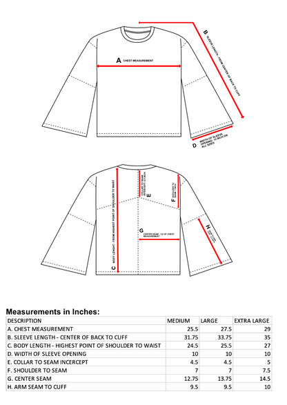 Size guide image for Unapologetic Youth's INSFBD flared long sleeve shirt, showing sizing details and fit information.
