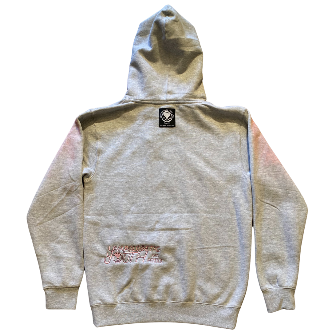 Unapologetic Youth To The Bone hoodie in small size, featuring a black hoodie with white graphic print and drawstring hood.