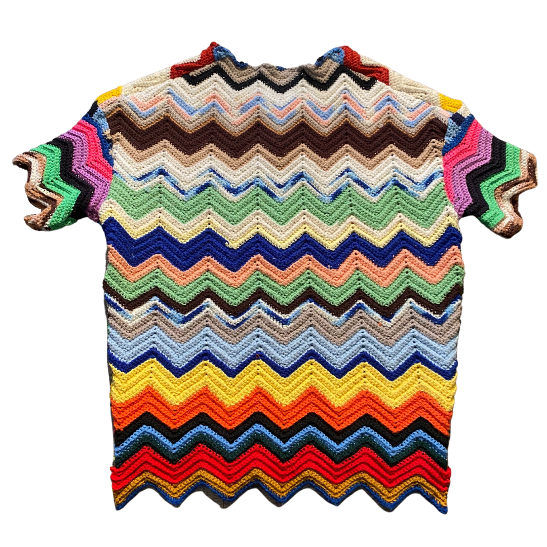 Unapologetic Youth Grandma's Crochet T-shirt featuring a colorful crochet pattern design on a casual cotton tee.