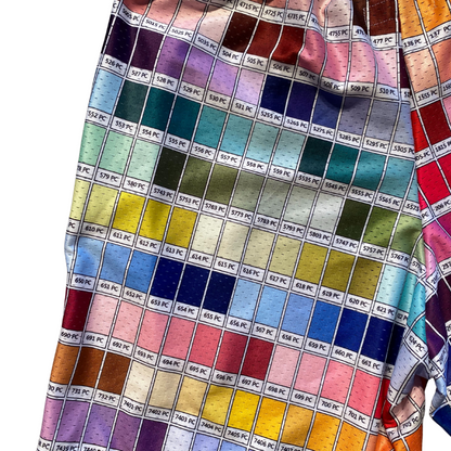Unapologetic Youth color wheel shorts featuring vibrant, multicolored fabric with a casual fit and elastic waistband.