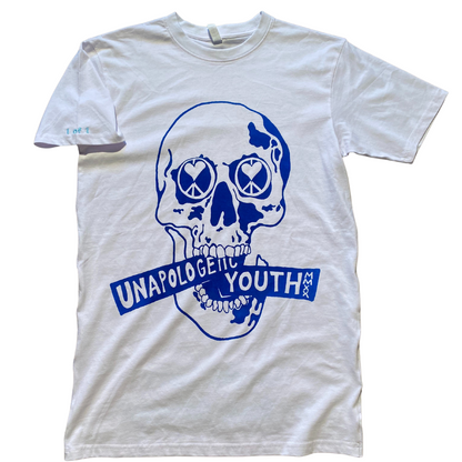 Unapologetic Youth blue tones graphic t-shirt with abstract blue design on soft fabric, casual fit, and round neckline.