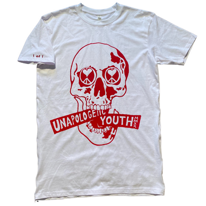 Unapologetic Youth red tones T-shirt featuring a vibrant, stylish design in a close-up view.