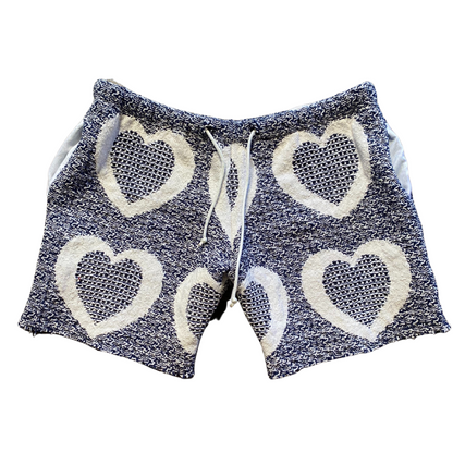 Unapologetic Youth Love Me v1 shorts, stylish casual shorts with graphic design, shown in black and white.