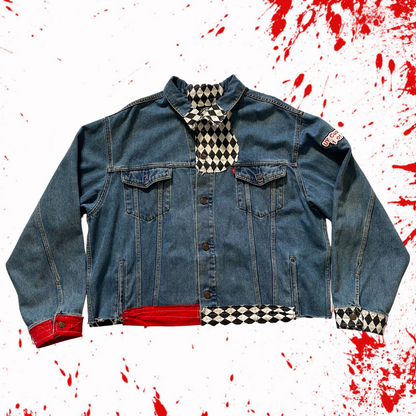 Unapologetic Youth Torn large denim jacket with distressed details and classic fit, styled on a model.