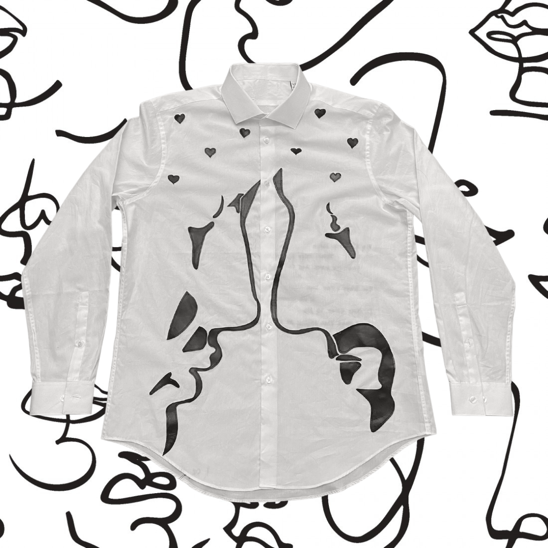 Unapologetic Youth button-down shirt featuring a face design, casual fit, with a collar and long sleeves.