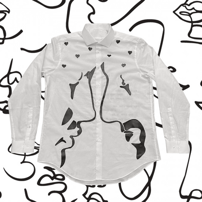 Unapologetic Youth button-down shirt featuring a face design, casual fit, with a collar and long sleeves.