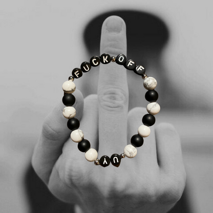 Unapologetic Youth Fuck Off Bracelet v3 with bold black band and silver lettering on a white background
