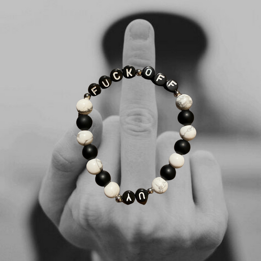 Unapologetic Youth Fuck Off Bracelet v3 with bold black band and silver lettering on a white background