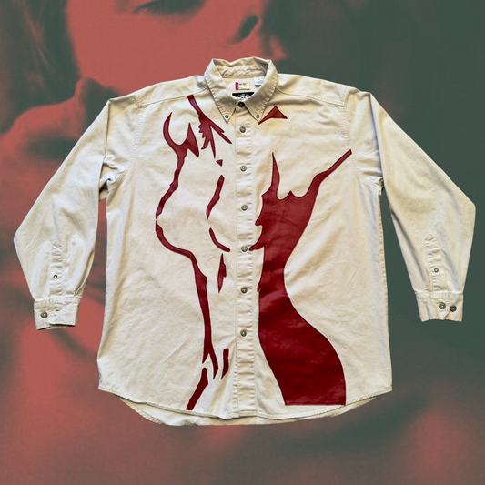 Unapologetic Youth button-down shirt featuring a nudity-themed design, shown in a close-up image with detailed fabric texture.