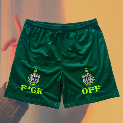 Unapologetic Youth "F*CK OFF" shorts with bold text, casual fit, and comfortable fabric, perfect for edgy streetwear style.