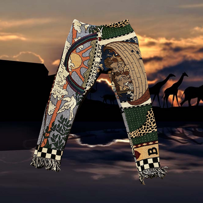 Unapologetic Youth woven pants called The Ark, featuring a textured, patterned fabric in earthy tones, laid flat.