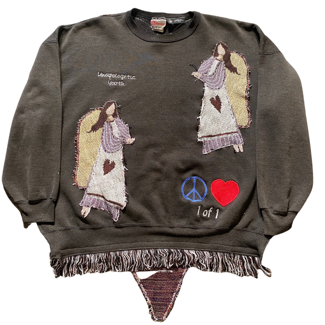 Unapologetic Youth My Dear Friends crewneck or poncho featuring a cozy, stylish design with vibrant graphic artwork.