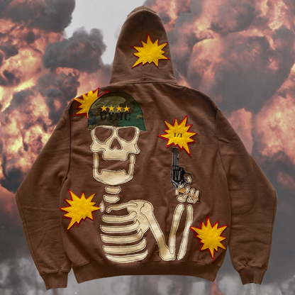 Unapologetic Youth War Torn hoodie featuring a distressed graphic design in black and gray, casual fit, front view.