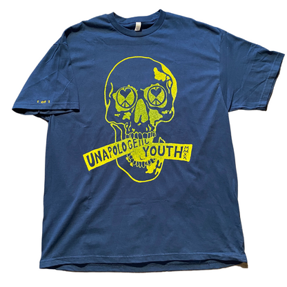 Navy blue Unapologetic Youth T-shirt displayed flat showing front design and fabric texture.