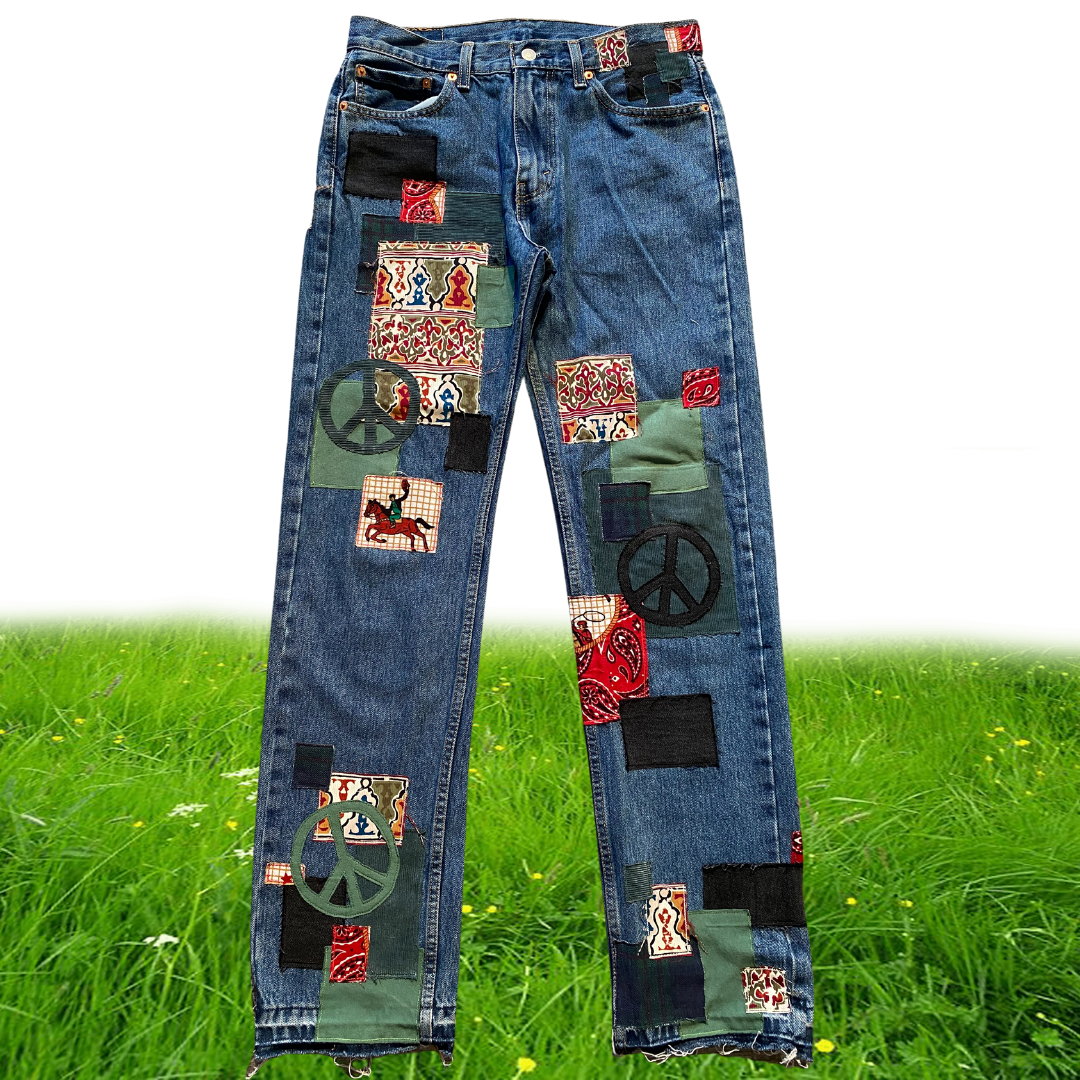Unapologetic Youth Peaceful Cowboy jeans in 32x32 size, featuring classic denim with detailed stitching and a relaxed fit.