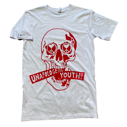 Red, white, and blue Unapologetic Youth T-shirt with patriotic design, casual fit, and bold color blocks.