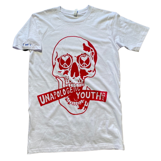 Red, white, and blue Unapologetic Youth T-shirt with patriotic design, casual fit, and bold color blocks.