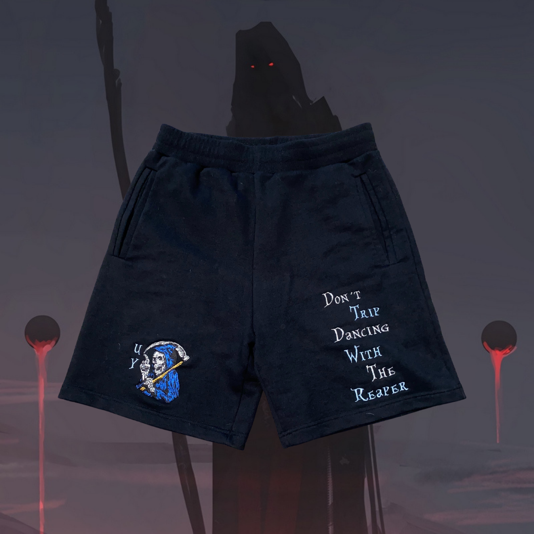 Unapologetic Youth The Reaper sweatshorts in black with graphic print, casual fit, and drawstring waist for comfortable style.