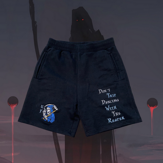 Unapologetic Youth The Reaper sweatshorts in black with graphic print, casual fit, and drawstring waist for comfortable style.