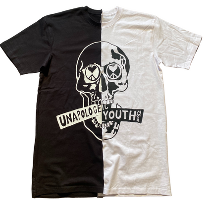 Black Unapologetic Youth split tee t-shirt with unique front graphic and casual fit, displayed on a white background.