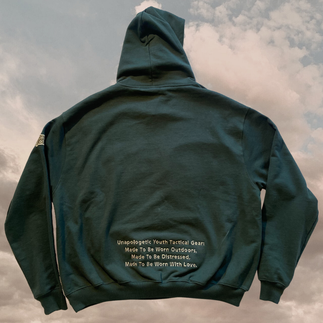 Unapologetic Youth large tactical gear hoodie with adjustable drawstrings, front kangaroo pocket, and tactical-inspired design.