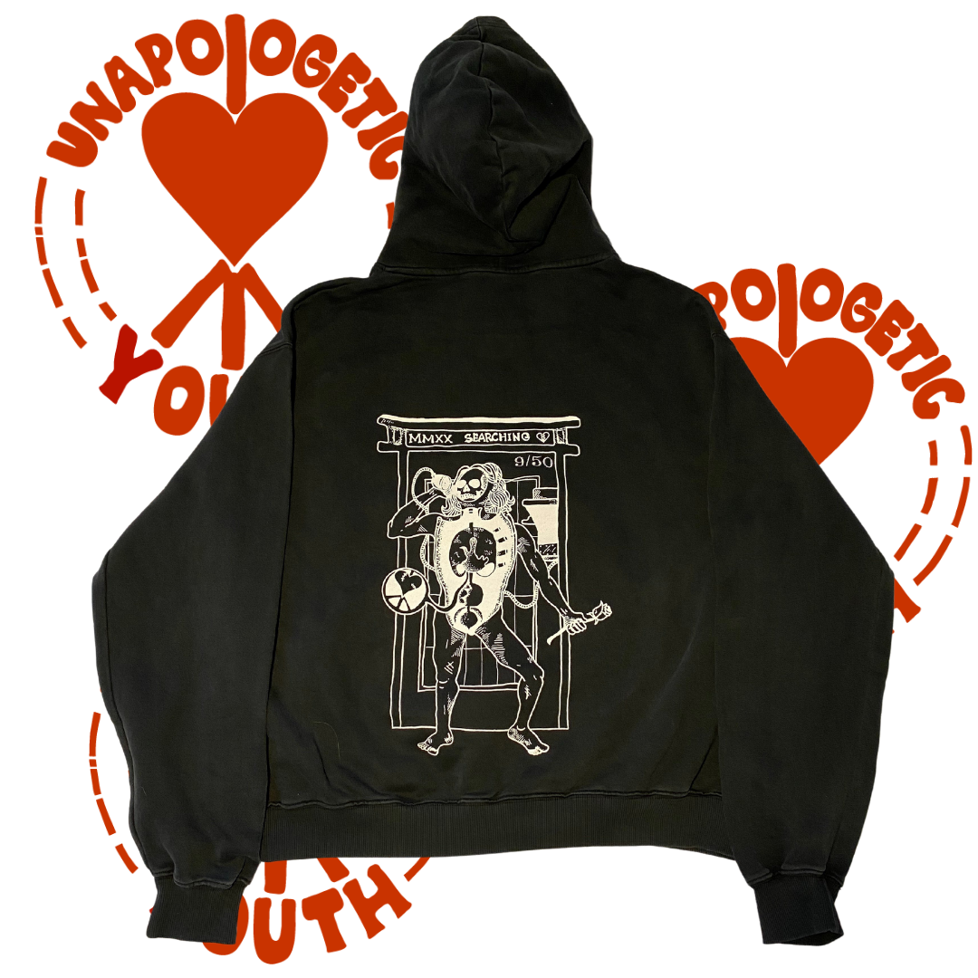 Unapologetic Youth "Are You There?" hoodie in black, featuring bold white text on the front, casual fit and soft fabric.