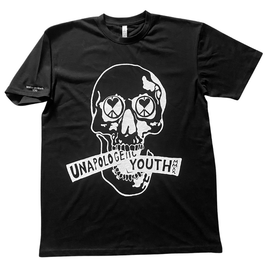 Black Essential Skelly T-Shirt by Unapologetic Youth featuring a skeletal graphic design on soft cotton fabric.