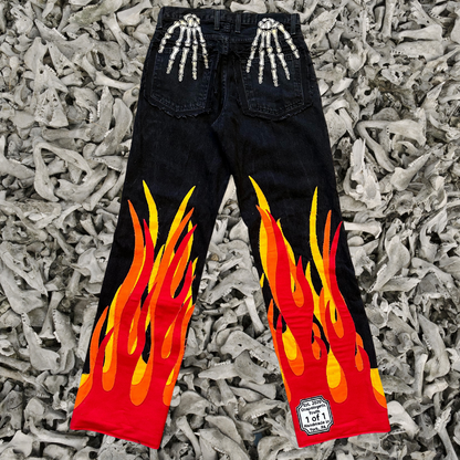 Unapologetic Youth Bones jeans, casual fit denim pants with distressed details, front view showing classic five-pocket design.