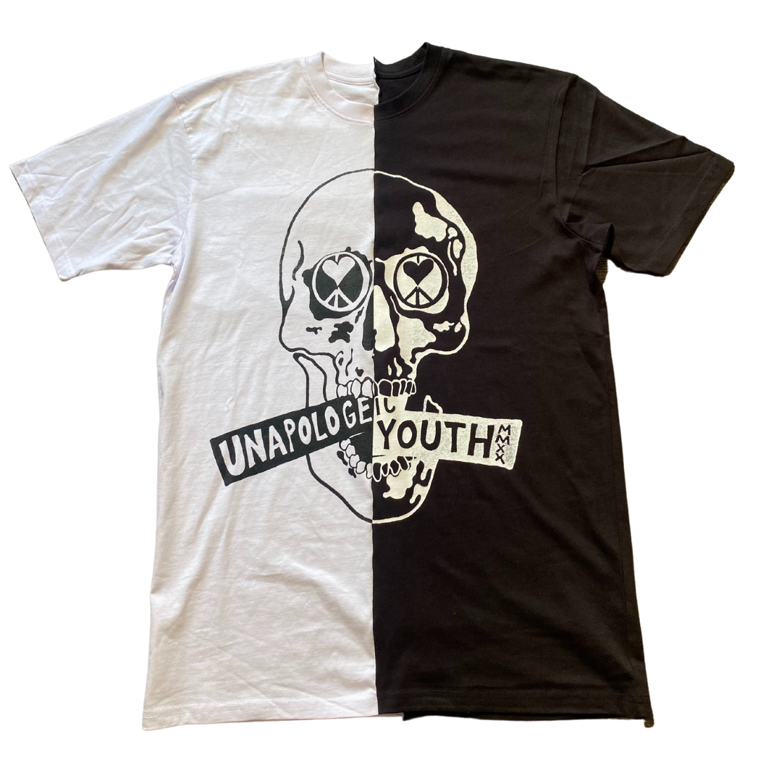 Unapologetic Youth split tee T-shirt featuring a stylish design, displayed on a plain background with a relaxed fit.