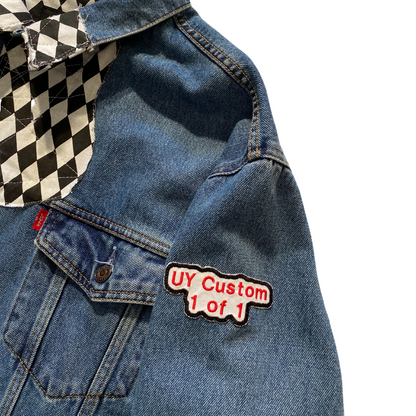 Unapologetic Youth Torn large/XL denim jacket with distressed details and classic button-up front, casual streetwear style.