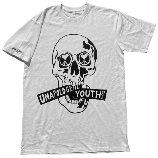 White Essential Skelly T-Shirt by Unapologetic Youth featuring a skeleton graphic on the front.
