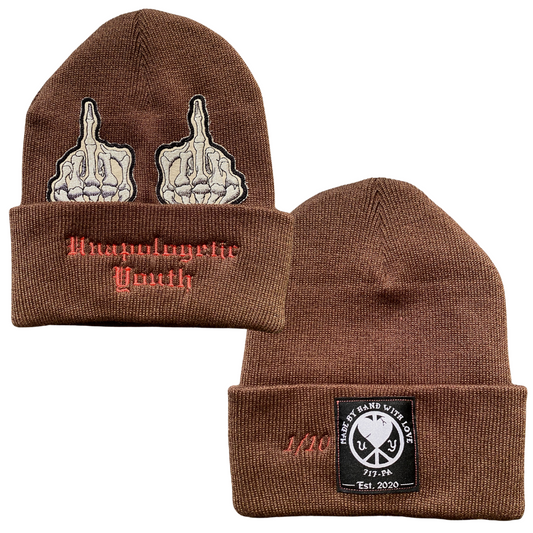 Unapologetic Youth middle finger beanie with bold graphic design, cozy knit fabric, and casual streetwear style.