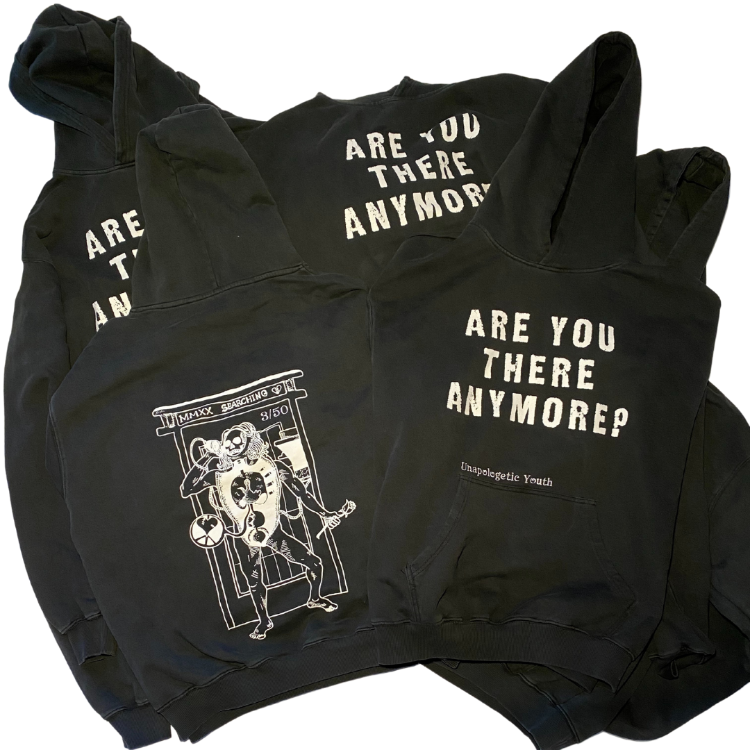 Black Unapologetic Youth hoodie with "ARE YOU THERE?" printed on the front, casual fit, soft fabric, and drawstring hood.