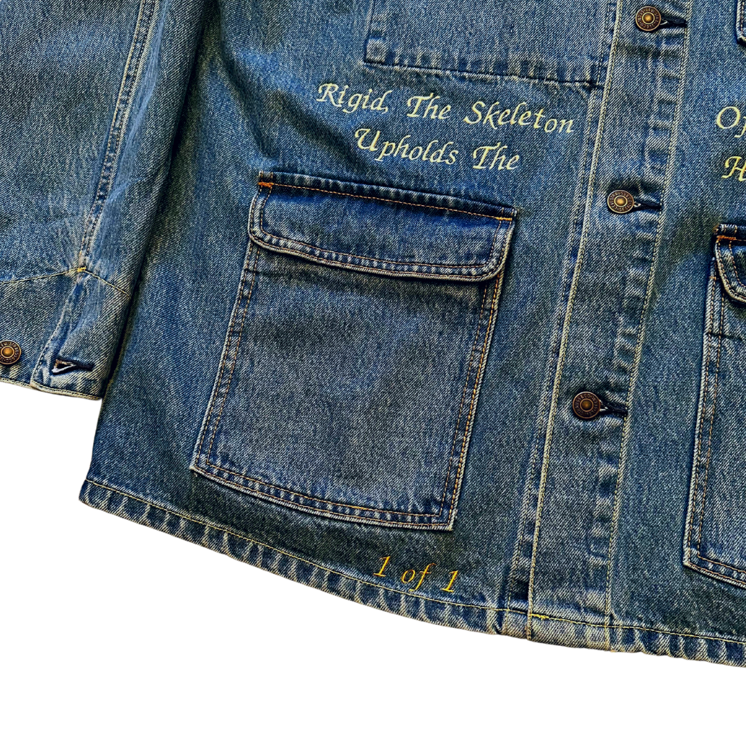 Unapologetic Youth Jean Jacket with classic blue denim, featuring front pockets and button closure, shown in a front view image.
