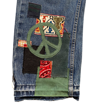 Unapologetic Youth Peaceful Cowboy jeans, 32x32, featuring classic denim with detailed stitching and a relaxed fit.