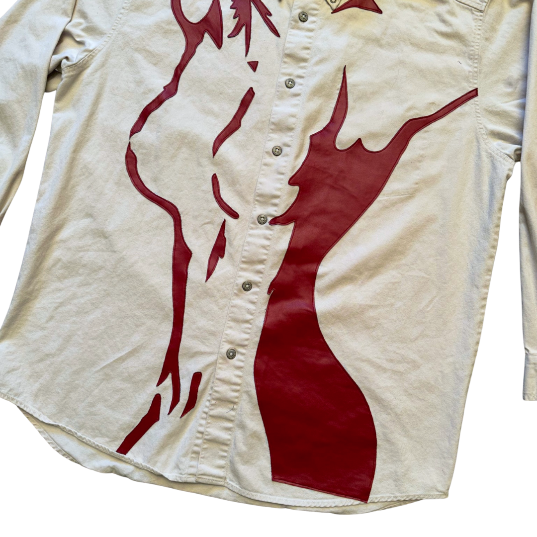 Unapologetic Youth button-down shirt featuring a nudity-themed graphic design, displayed on a mannequin.