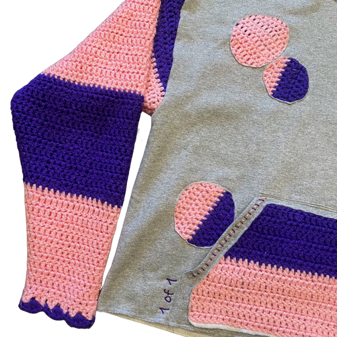 Unapologetic Youth Grandma's Crochet hoodie in gray with knit crochet design and cozy fit, casual streetwear style.