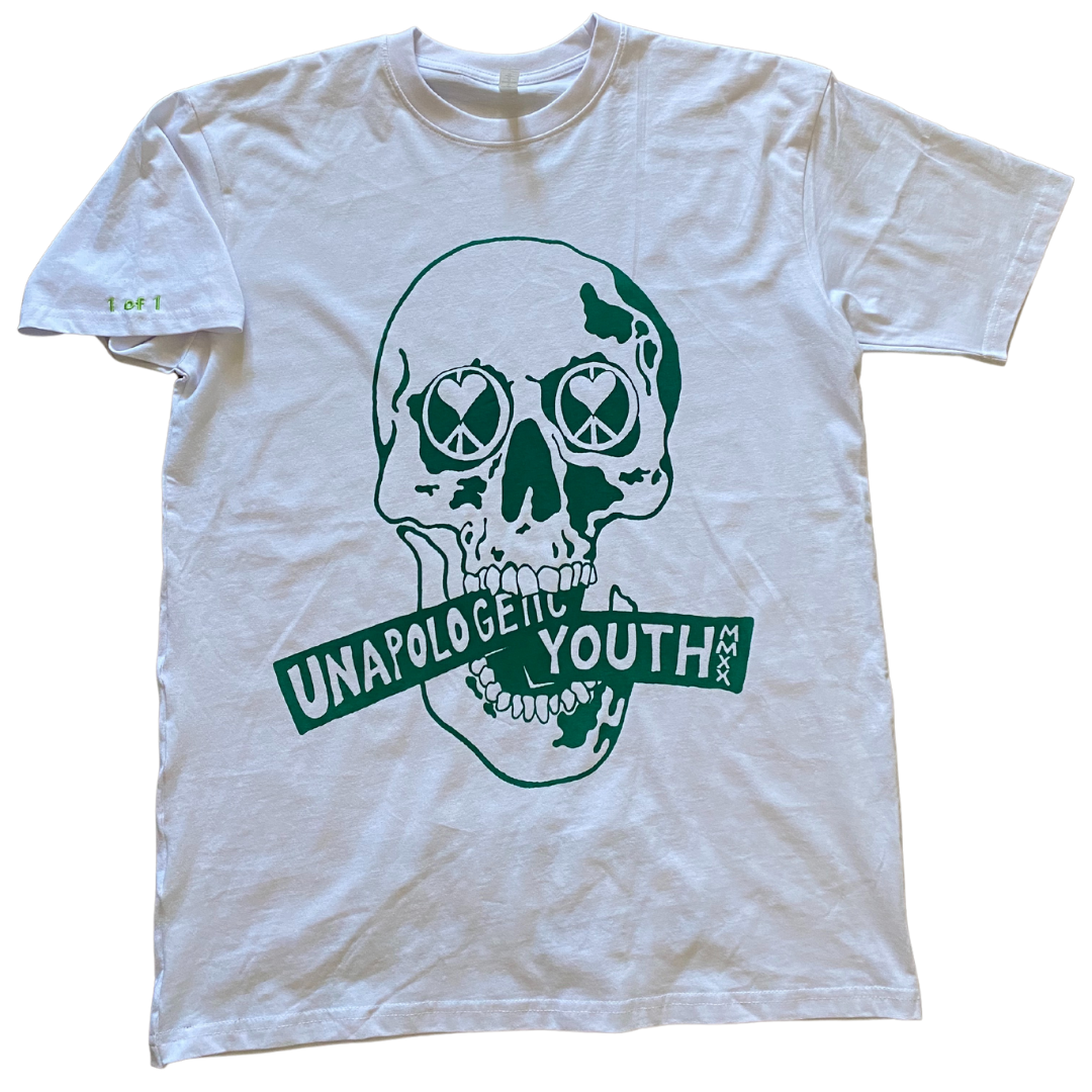 Unapologetic Youth green T-shirt with green tone design, casual fit, and round neckline, displayed flat on a white background.
