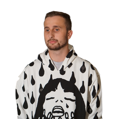 Unapologetic Youth Rain On My Skin hoodie with rain-themed design, soft fabric, and casual fit, shown in a close-up image.