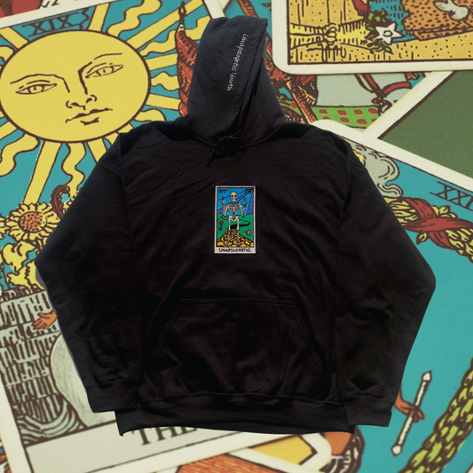 Unapologetic Youth Tarot Reader hoodie featuring tarot card design in black and white, casual fit, and comfortable fabric.