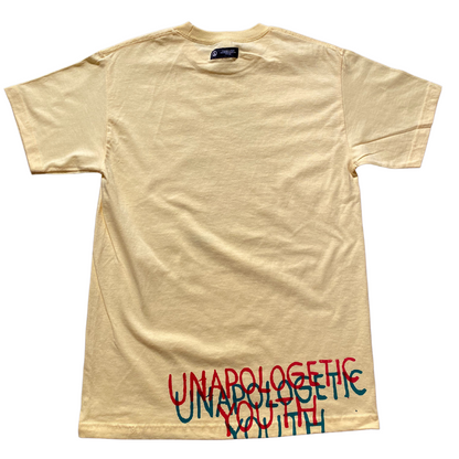Medium Unapologetic Youth T-Shirt in white, casual fit with graphic design on the front, made from soft cotton fabric.