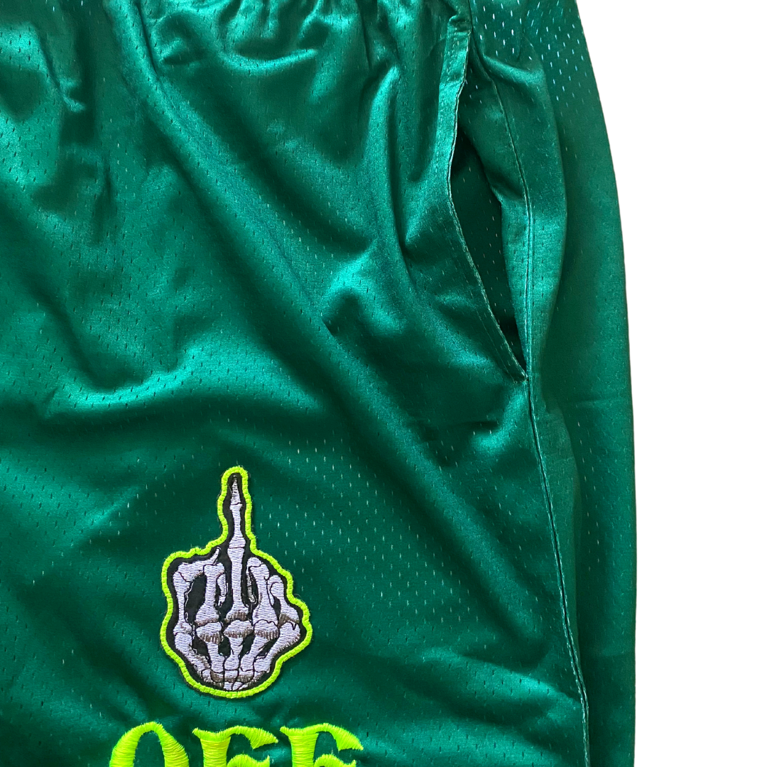 Unapologetic Youth "F*CK OFF" shorts featuring bold printed text, casual fit, and comfortable fabric for statement streetwear style.
