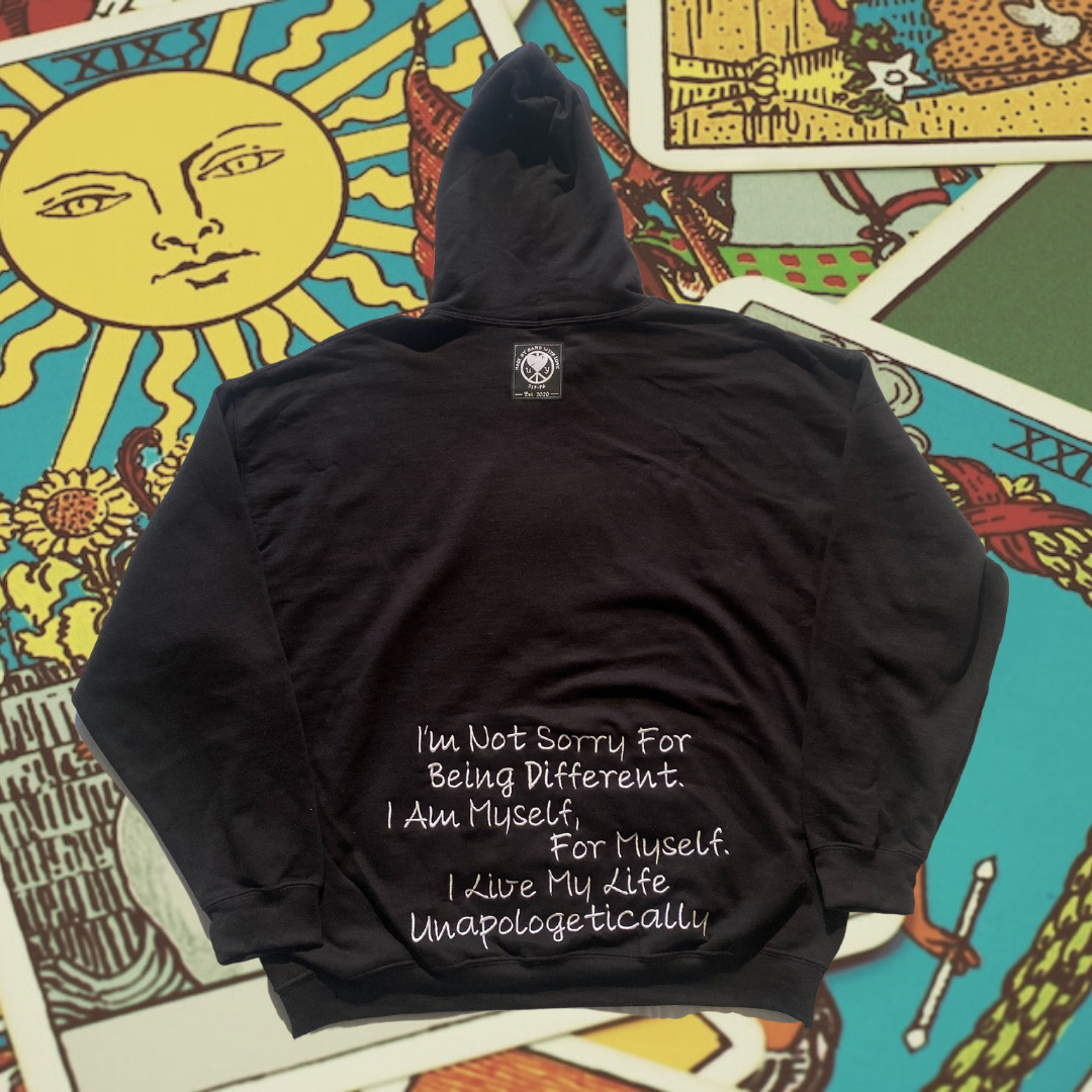 Unapologetic Youth Tarot Reader hoodie featuring bold graphic design and comfortable fit, perfect for tarot enthusiasts.